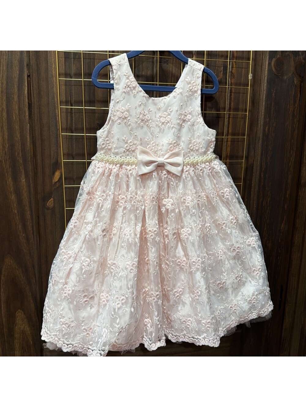 Girls Pink Floral Embroidered Dress with Bow Accent